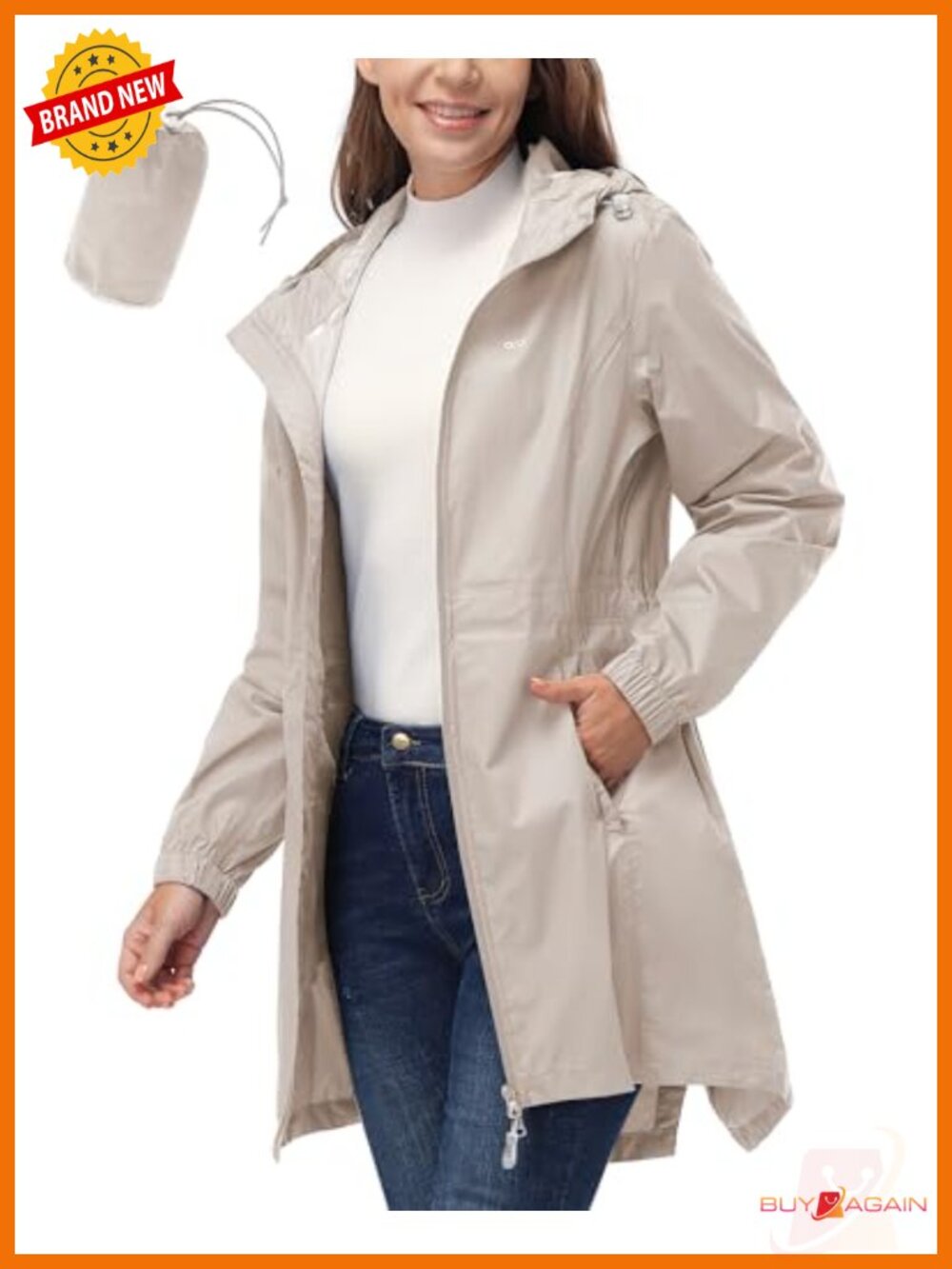 Women's Waterproof Long Raincoat Packable Hooded Windbreaker